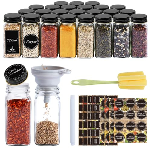 UISEBRT Fyrkantiga kryddburkar set 12/24 burkar med etiketter kryddburkar kryddburkar 120 ml glas kryddburkar lufttäta kryddburkar med ströinsats, tratt (svart, 24)