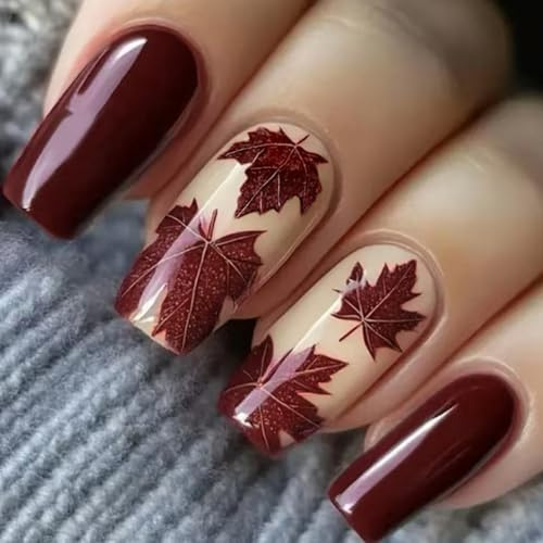 24Pcs Wine Red Maple Glossy Press On Nails Not Needed Tools Nails Art For Autumn Winter Party Coffin Press On Nail