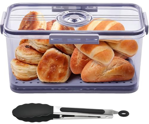 Houbobo Bread Bin for Kitchen Counter, Time Recording Bread Box with Airtight Lid and Kitchen Tongs, Large Capacity Bread Storage Container for Loaves, Pastries, Rolls and Cookies