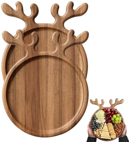 Weihnachtliches Serviertablett aus Holz, Servierplatte mit Geweih-/Rentier-Griff, runde Holzschale, dekoratives Charcuterie-Brett für Käse, Brot, Kekse, Serviertablett für Zuhause, Party, 2 Stück