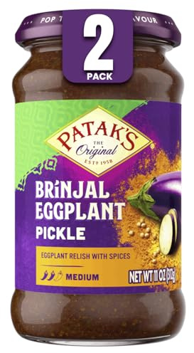 Patak’s Brinjal Eggplant Pickle - Medium Heat Spicy Indian Pickle Relish w/Mustard Seeds, Garlic & Aromatic Spices - Vegan & Gluten-Free Indian Eggplant Achar - Ready to Serve - 11oz Jar (Pack of 2)