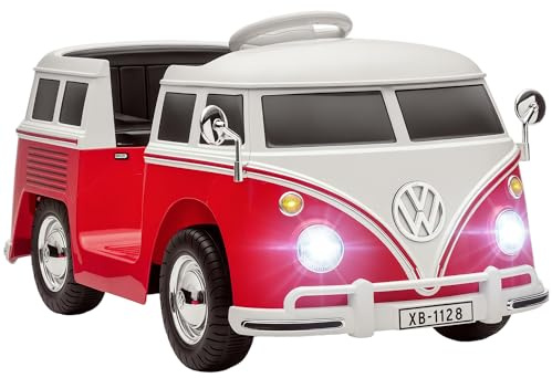 AIYAPLAY Macchina Elettrica per Bambini 3-7 Anni Volkswagen T1, 12V 3-8km/h Auto Elettrica per Bambini con 2 Motori, Sospensioni, Partenza Lento, Musica, Fari e Clacson, Rosso