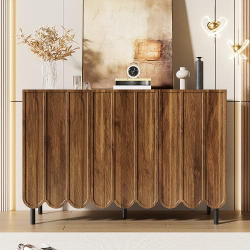 vutizal Aparador de madera de nogal con puertas onduladas, 120 cm, moderno, sin mangos, con patas ajustables, armario de almacenamiento para comedor, salón y pasillo, 35 cm de profundidad