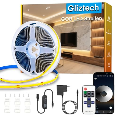 Gliztech Striscia LED COB 15m, Dimmerabile 2700K, Bianco Caldo CRI90+, con App e telecomando. Questa striscia LED COB è Adatta per l'illuminazione di Interni in Camere da Letto, Soggiorni, Cucine