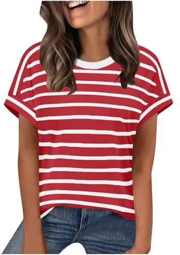 Tee Shirt Femme Col V Tunique Basic Tshirt Décontracté Manche Courte Classique Vetement Sport Élégant Blouse Courtes Top Ete Crop Top Rayée Imprimé Haut Femme T Shirt 00 Rouge S