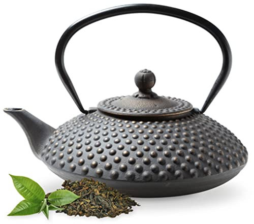 Tealøv Kambin THEIERE FONTE1,25 LITER - Théière en Fonte avec Infuseur - Entièrement émaillée de l'intérieur - Prépare Une Tasse de Thé Parfaite – Design Authentique Japonais à Picots - Noir/Or