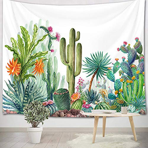 LB Wandteppich Kaktus Wandtuch Sukkulente mit Blume Wandbehang Grün Weiß Tapisserie für Wohnzimmer Schlafzimmer Wohnheim Wanddeko,200x150cm