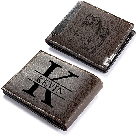 Jeweidea Personalisierte Alphabet Foto Leder Geldbörse für Herren gravierte Namensbrief Bifold Geldbörse mit Kartenhalter RFID für Ehemann Vater Freund zum Vatertag Geburtstag