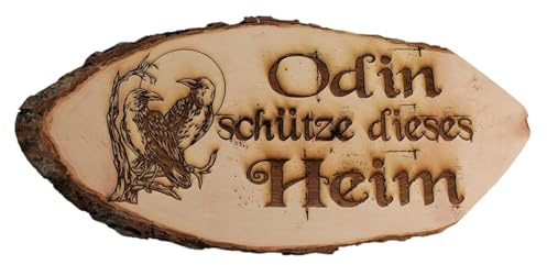 Odin schütze dieses Heim Baumscheibe Rindenscheibe Raben Hugin und Munin Gravur Schild Geschenk Holz Erle