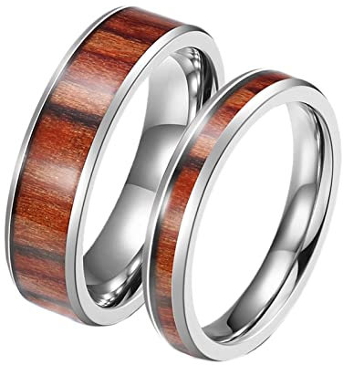 AMDXD Eheringe Trauringe, 4/6mm Edelstahl Freundschaftsringe Damen Silber mit Holz Ring Herren Paarpreis, Frauen 52 (16.6) & Männer 65 (20.7)