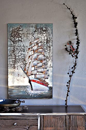 Wandbild aus Metall Segelschiff mit Weltkarte auf dem Meer 100 x 60 cm 3D Optik XXL Wanddeko Metall Bild handgefertigt