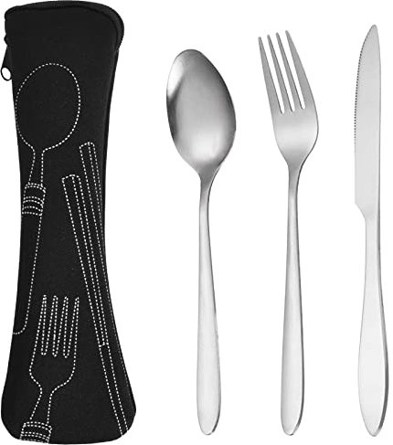 Set di Posate in Acciaio Inossidabile, Coltello Forchetta Cucchiaio Set Posate, Posate per 1 Persone, Servizio Posate Portatile, Posate da Tavola Utensili da Campeggio per Scuola Ufficio Viaggi (Nero)