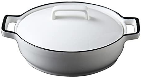 LUCBEI Lasagnera Piatto da Forno in Ceramica con Doppia Maniglia, Piatto di casseruola con Coperchio, cuocere in Ceramica Rotonda 700ml con Coperchio, Piatto Bianco for Cena Teglie da Forno