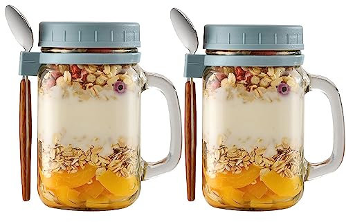 2Pcs 450ml Overnight Oats Jars&Couvercle et Cuillère Pot Yaourt avec Marques de Mesure Mason Jars &Yaourt Muesli To Go Bocaux D'avoine de Nuit avec Cuillère pour Lait Céréales Fruits&Bol Muesli &Gris