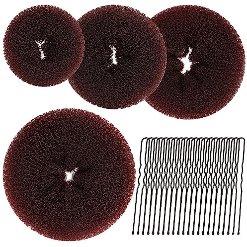 Duttkissen,24 Stück Donut Hair Bun Maker Set,4 Stück Donut-Haarknoten und 20 u-förmige Haarnadeln, Duttkissen klein und groß Nylon Haardonut braun Dutt Hilfe für Kinder Mädchen,Donut Hair Bun Set