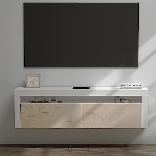 doporro TV Lowboard TV-Schrank Fernsehschrank 160cm in matt Weiß und Eiche Greige Hängend Fernsehtisch, TV-Regal für Fernseher Fernsehschrank01
