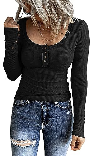 BKEPDY Maglietta a Manica Lunga Donna Maglia a Coste Girocollo T-Shirt con Bottoni T-Shirt Bluse Casual Elegante Nero Top Camicetta Pullover con Scollo Scoop