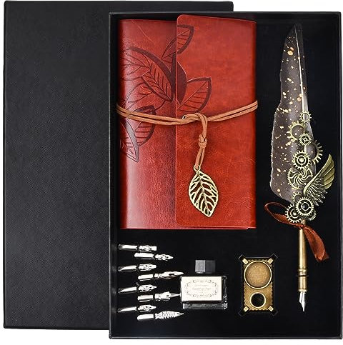volumoon Vintage-Gänsefeder-Set mit Kalligraphie-Stift, 8 Ersatzfedern, Stiftbasis, Notizbuch und Tinte, Antik für Schreiben, Malen und Geschenk