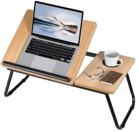 Warmiehomy Bureau pour ordinateur portable, table de lit pour ordinateur portable avec pieds pliables et fente pour tasse, support de lecture avec angle de hauteur réglable, plateau de lit pour