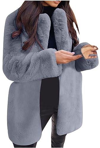 EMATOP Kunstpelz Mantel Damen Revers Wintermantel Teddy Fleece Kunstpelzjacke Winter Warm Pelzmantel Einfarbig Plüschjacke Lang Elegant Fellmantel Flauschig Kuschelig Winterjacke Felljacke