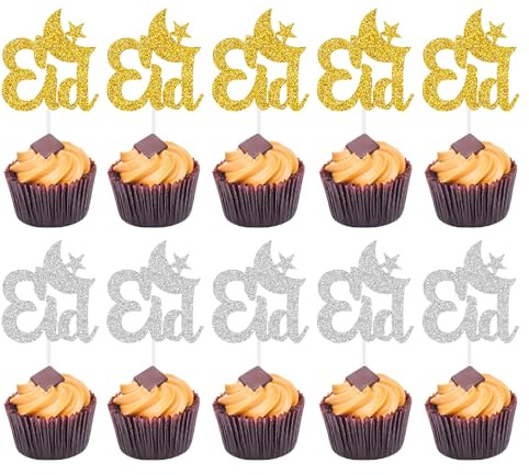 Eid Mubarak Tortendeko - 10 Stück Gold Silber Glitzer Eid Mubarak Cake Topper Eid Mubarak Topper Eid Mubarak Kuchendeko Eid Mubarak Dekoration für Eid Mubarak Ramadan Muslim Islam Deko
