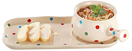 OUSIKA Ensaladera Individual for Sopa de Cebolla Francesa, Tazón de Desayuno de Cerámica con Mango y Plato, Juego de Tazones de Cereales de Porcelana, for Tazón de Cereales con Leche y Pan de Avena-Az