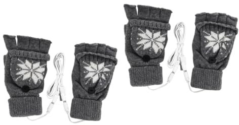 Kisangel 2paare Usb Beheizte Winterhandschuhe Für Herren Halbfinger-strickhandschuhe Mit Schneeflockenmuster Für Computerarbeit Weich Und Elastisch Stromversorgung