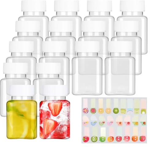 winbest 16 botellas de plástico para jugo con tapas 100 ml Mini Botella de Bebida Vacía Botellas botellas de jugo reutilizables para leche, jugos, batidos, bebidas | Vasos de tiro con tapa, reutilizables, mini botellas de relleno con pegatinas para bebidas, batidos