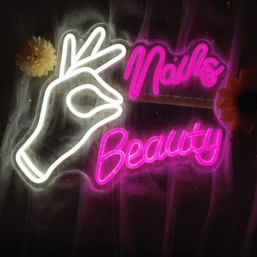 HFHungkeong Nails Neonschild, Neonlichtschilder für Schönheitszimmer, Wanddekoration, Nagelsalon-Neonschild, dimmbares Neonlicht für Wanddekoration, Stromversorgung über USB, Rosa + Weiß