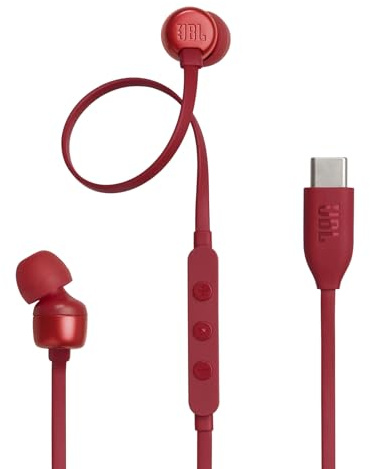 JBL Tune 310C Écouteurs Intra-Auriculaires filaires Haute résolution USB-C, câble Plat Anti-nœuds, télécommande à 3 Boutons avec Microphone (Rouge)