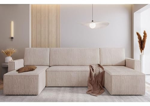Easy4You Creme Ecksofa Mimir Kord in U-Form 303 x 80 x 145 cm mit Schlaffunktion und Bettzeugbehälter - Schlafsofa mit Bettkasten - Eckcouch mit Stauraum - Stoff: POSO 100