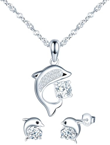 MICMIF Zirkonia Delphin Schmuckset Silber 925 für Damen Mädchen: Delfin Ohrstecker und Kette mit Delfin Anhänger - Ozean Thema Schmuck für Freundin Ehefrau Mutter