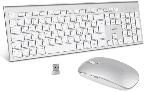 Tastatur und Maus Set Kabellos - Ultraslim 2.4Ghz USB Funk Tastatur QWERTZ (Deutsch) Layout Ergonomisch Klein Maus Ultra-Dünne für Computer/Desktop/PC/Laptop/TV/Windows - Silber Weiß