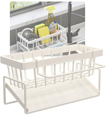 Genérico Soporte Estropajo Fregadero,Organizador Guarda Estropajos Fregadero Cocina Inoxidable Soporte De Esponja con Bandeja Organizador Sink Caddy con Toallero (Blanco)