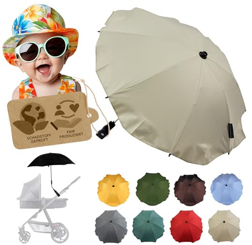 BambiniWelt by Rafael K. Parasol universal [sombrilla para cochecito] Protección UV 50+ con soporte universal, paraguas flexible para tubos redondos y ovalados ajustables, beige, 3 cm