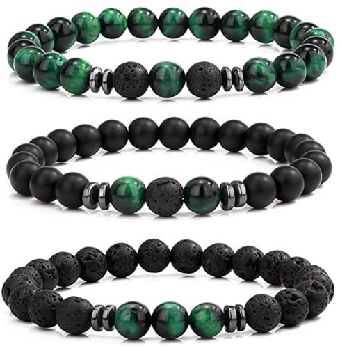 LOCCY Perlenarmband Herren, 3 Stück 8mm Perlenarmbänder Set Stretch Tigerauge Armband Lavastein Perlen Armband für Männer Fraun für Geburtstag Vatertag Weihnachten Geschenke