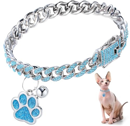 Hillban Katzenhalsband, Diamantkette, Glitzer-Halsband, Metall mit sicherer Schnalle, Katzen-Haustier-Halskette mit Pfoten-Anhänger und ID-Tag, Glöckchenglied, kubanisches Schmuckzubehör (20,3 cm
