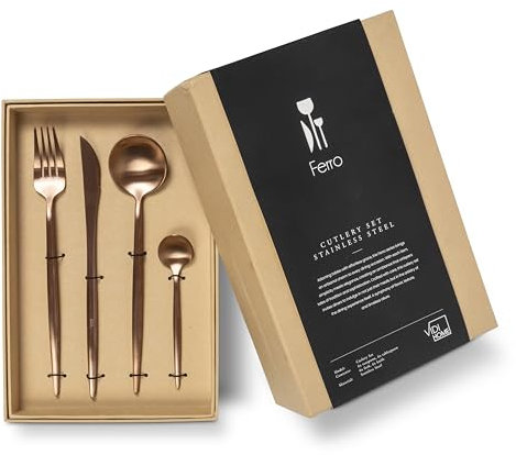 VIDI Ferro Besteckset in Polierter Roségold | 24-teiliges Hochwertiger Besteck Set 6 Personen | Rostfrei und Spülmaschinenfest Bestecksets | Löffel Gabeln und Messer Besteckset