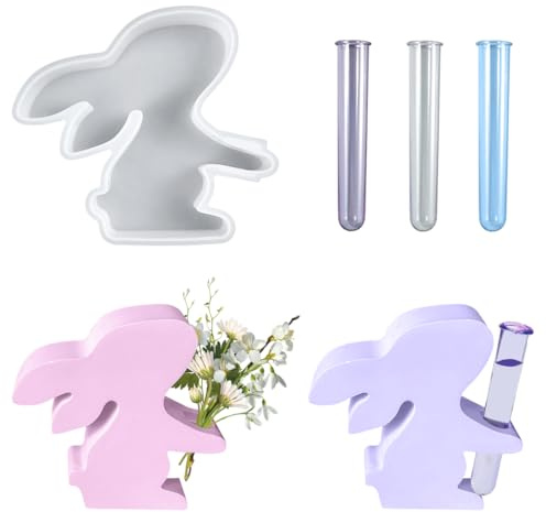 HyzaPhix Gießformen Vase Silikonform Hase mit 3 Reagenzglas, Kaninchen Epoxidharz Formen, Blumenvase Harzform, DIY Propagation Station für Ableger Pflanzen, Ostergeschenke (hase)