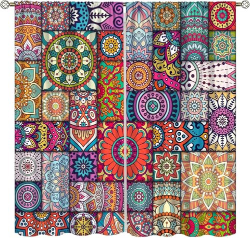 Vorhang Kinderzimmer Bunte Retro-Blumen Kinder Vorhänge Mit Ösen Polyester Gardinen Thermovorhang Blickdicht Ösenschal Kindergardinen 220X215 cm (B + H) Für Wohnzimmer,2Er Set-108298601