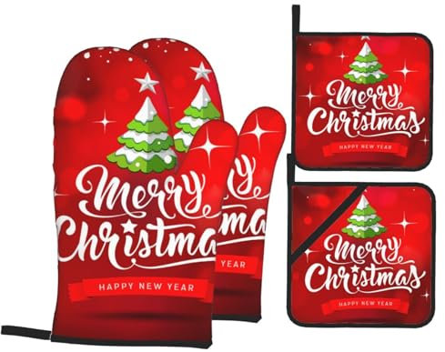 Ofenhandschuhe und Topflappen-Sets Merry Christmas, weißer Schriftzug, hitzebeständig, Küchen-Backhandschuhe, rutschfeste Oberfläche zum Kochen, Backen, Grillen, Grillen