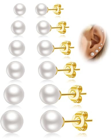 LOUMILEO 6 Paar Perlenohrringe Set,Hypoallergene Perlen Ohrringe 14K Vergoldet,Mini Gold Stecker Ohrringe für Damen & Herren(3-10mm)