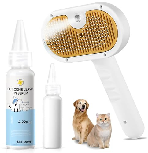 Pet Steam Brush for Dog & Cat – 3-in-1 Spray Hair Removal Comb for Shedding & Grooming, Softens Fur & Reduces Static – Water Brush for Long & Short Coats, Bath-Hating Pets, Includes Waterless Shampoo