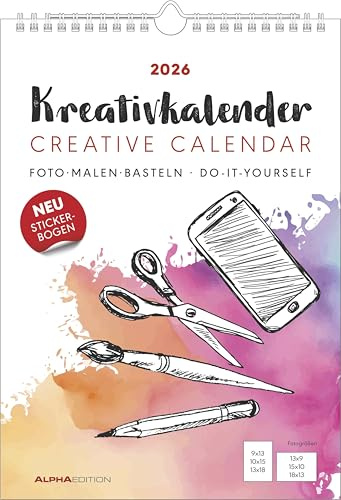 Alpha Edition Calendrier créatif A4 blanc 2026 – Calendrier de bricolage (21 × 29,7 cm) avec espace pour photos et personnalisation, avec feuille d'autocollants, fond blanc, idéal pour la peinture et
