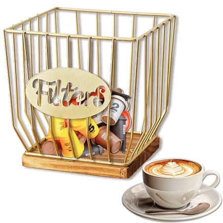 Panier à capsules de café avec base en bois, rangement pour tasses K et expresso, organiseur multifonction avec cuillère à café, support pour cuisine et bureau (doré)