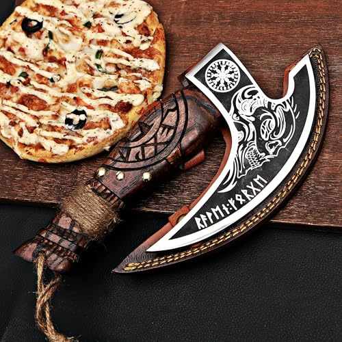 MR. CRAFT Cortador de pizza de acero al carbono, cortador de pizza de chef, hacha vikinga con cubierta de cuero, accesorios de horno de pizza de primera calidad, regalo de pizza para hombres (calavera