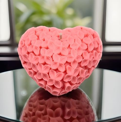 Duft Kerze, Kerze, Standkerze, Stumpenkerze, Champagner-Rosen Duft in Herzform und Blumen Struktur, Rosa in zwei Größen, Valentinstag, Geschenk (M)