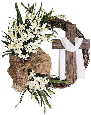 JOYWU Easter Wreath with Cross Sign,40cm Easter Cross Wreath with Burlap Bow,Lilies,Leaves and Gauze,Spring Door Wreath,Hanging Easter Door Sign,Spring Lily Wreath,Easter Decor,Spring Decor (White)