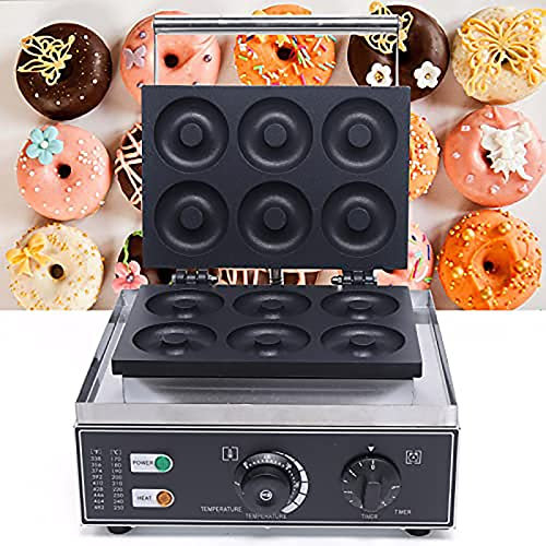 Commercial Waffle Donut Machine 6 Holes Double-Sided Heating 50-300℃, Electric Doughnut Maker 1550W, Non-stick Donut MakerTeflon-Coating for Professional Kitchen