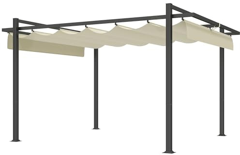 Outsunny 3 x 4m Pergola with Retractable Roof Canopy, Aluminium Frame Garden Gazebo Outdoor Sun Shade Shelter for Grill, Patio, Deck, Khaki